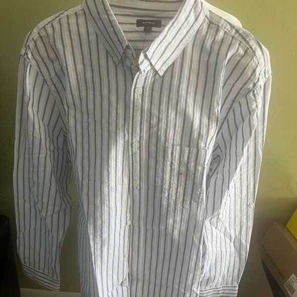 Express White and Blue Casual Button Down Shirt - Picture 1 of 5